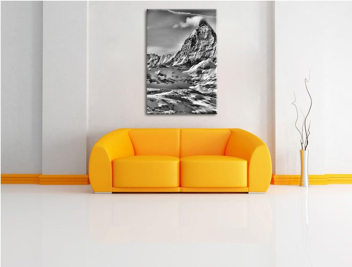 Pixxprint Monocrome, schneebedeckte Gipfel, Format: 100x70 auf Leinwand, 100x70