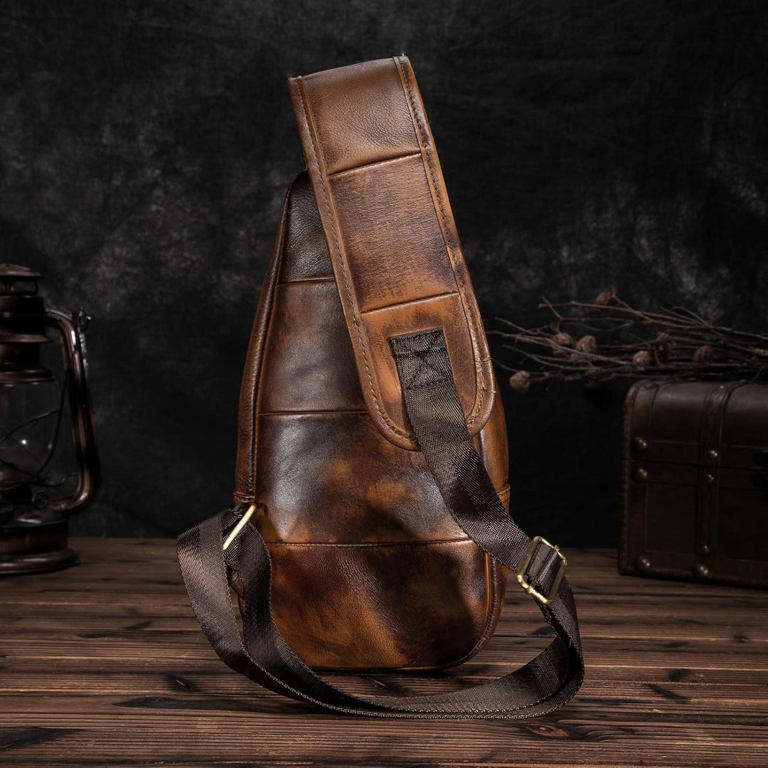 Le'aokuu Herren Echtes Leder Brusttasche Umhängetasche Sport Outdoor Messenger Bag Wanderrucksäcke 8
