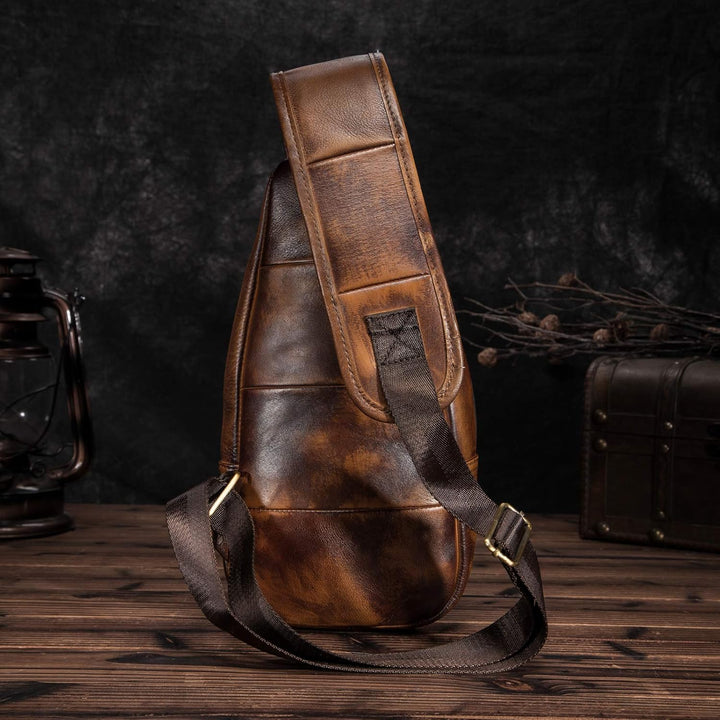 Le'aokuu Herren Echtes Leder Brusttasche Umhängetasche Sport Outdoor Messenger Bag Wanderrucksäcke 8