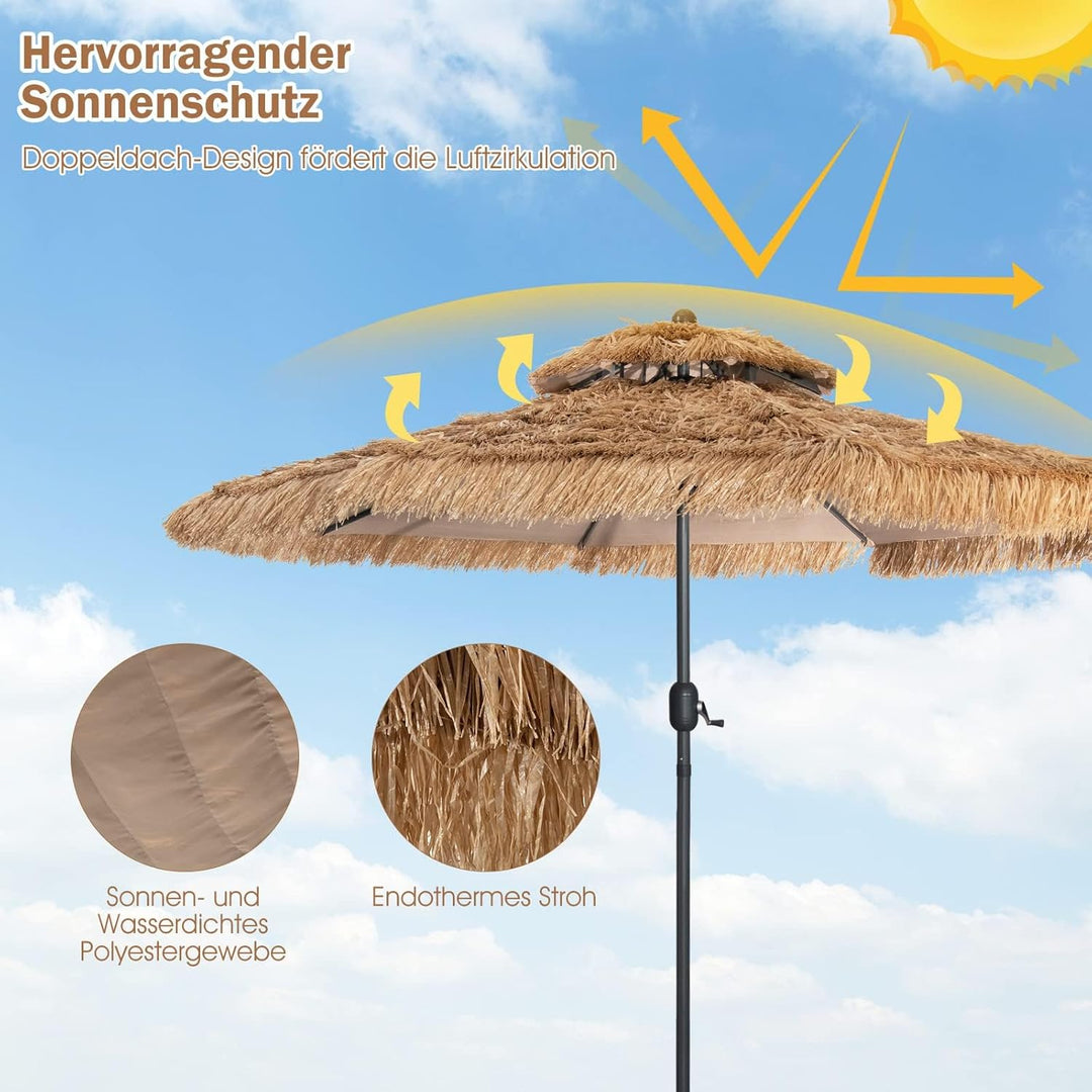 GOPLUS Sonnenschirm Hawaii, Ø 270 cm Sonnenschirm Stroh um 30° knickbar, Strandschirm mit Kurbel, St