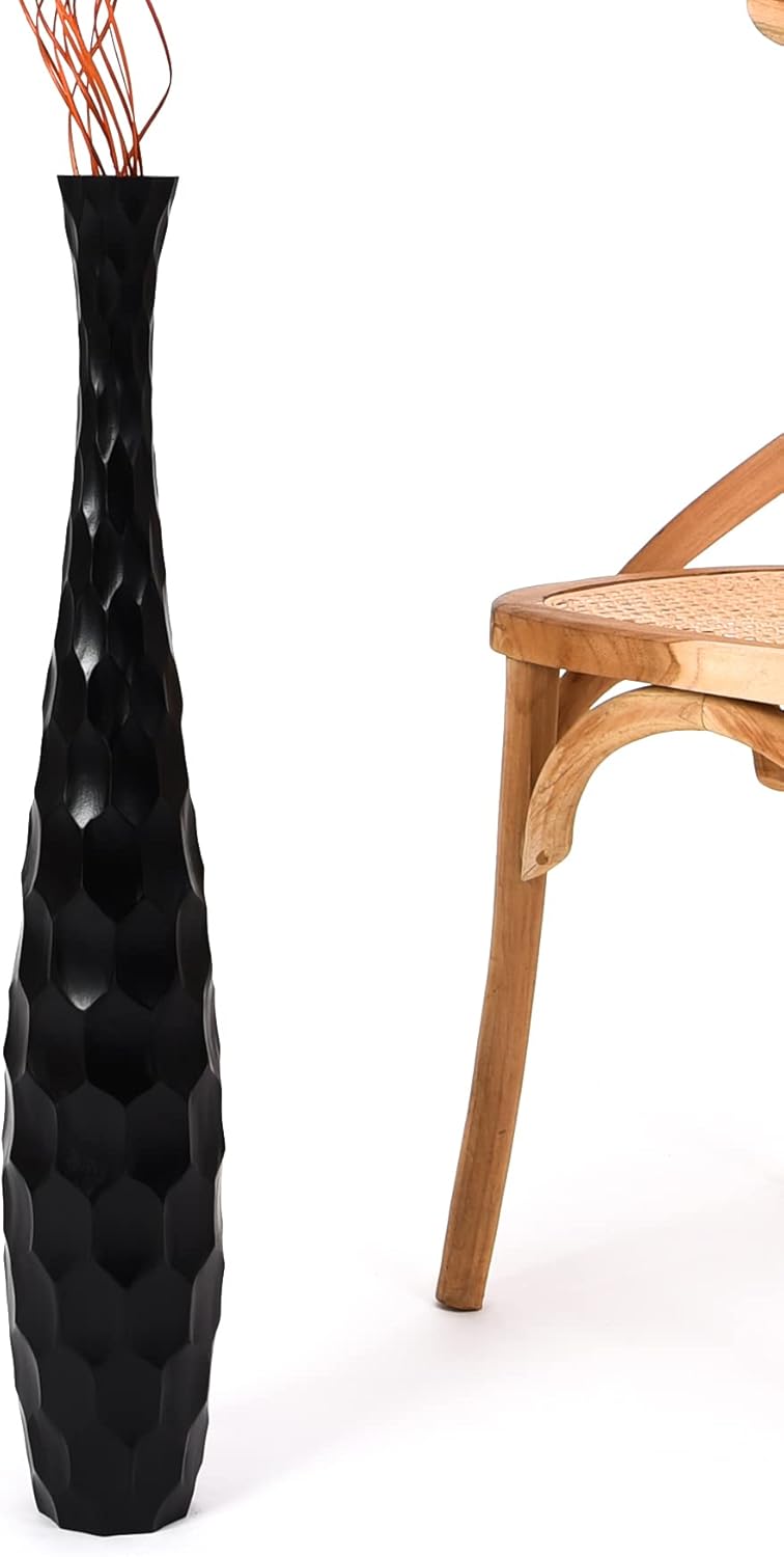 Leewadee Grosse Bodenvase für Dekozweige hohe Standvase Design Holzvase, Holz, 70 cm, Schwarz 70 cm