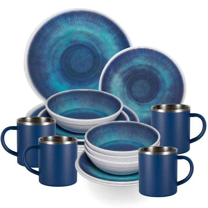 Melamin Geschirr Set Jesolo Blau - mit Edelstahl Thermo Tassen Steingutoptik Spülmaschinengeeignet E
