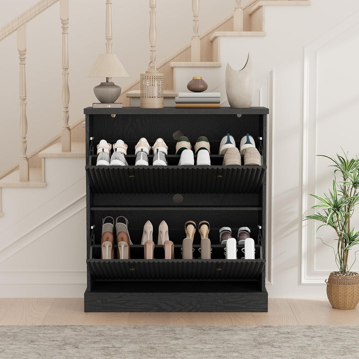 Wellen-Design 80×25×H90 cm Schuhschrank, Shoe Cabinet Mit 2 Klappen, Verstellbares Regal & Versteckt