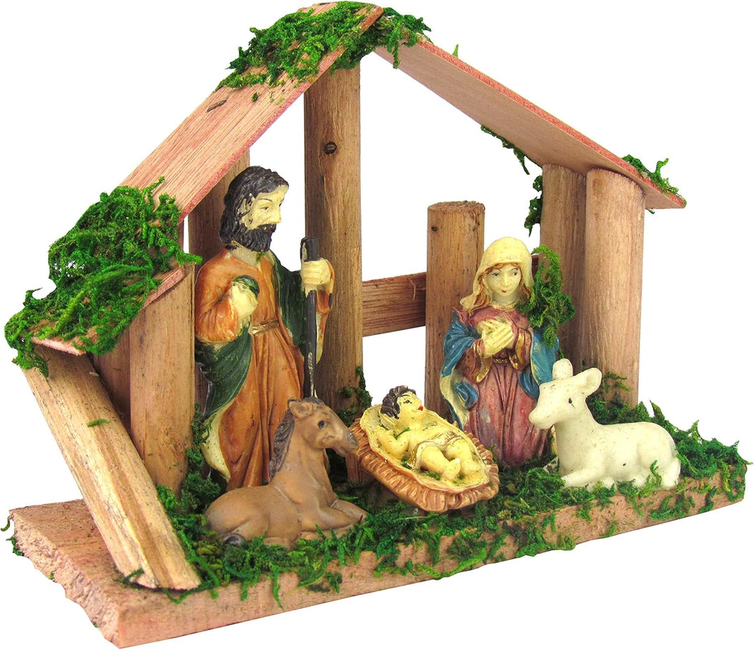 Krippe XL aus Holz, mit Moos verziert und Figuren, 15x11x5cm