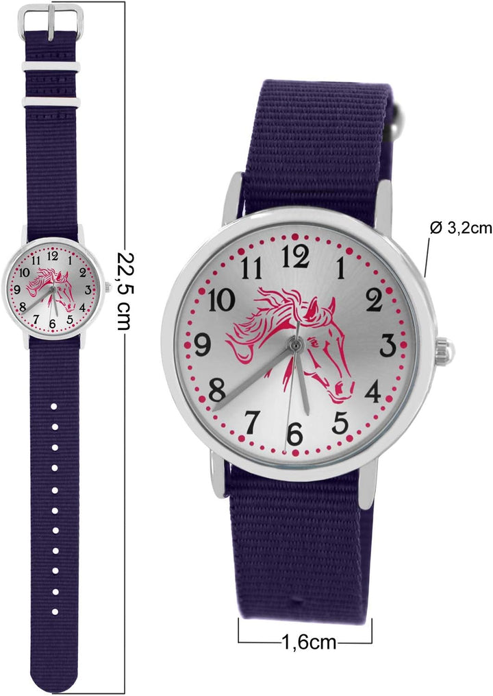 Pacific Time Mädchen Armbanduhr Uhr Pferd Pferdemotiv analog Quarz 2 Textilarmband Violett Blau 1002