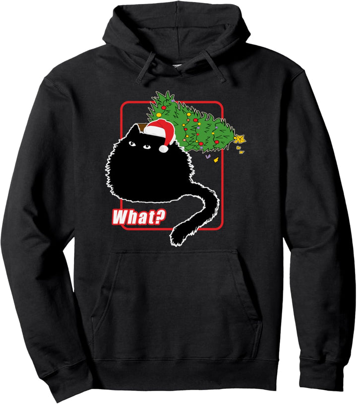 Katze Santa Hat stösst über Weihnachtsbaum Blend Fragen Was? Pullover Hoodie