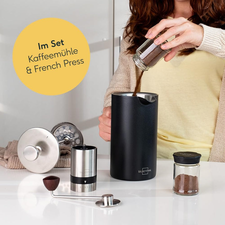 SILBERTHAL Kaffee Handmühle manuell mit konischem Edelstahlmahlwerk & French Press 1 Liter aus Stahl