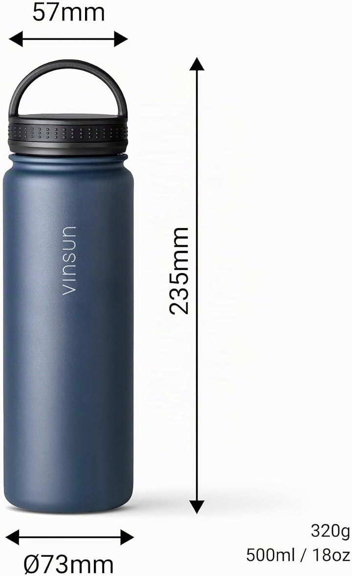 Vinsun Trinkflasche Edelstahl 500ml - auslaufsicher, Kohlensäure geeignet, BPA frei - 3 Deckel - The