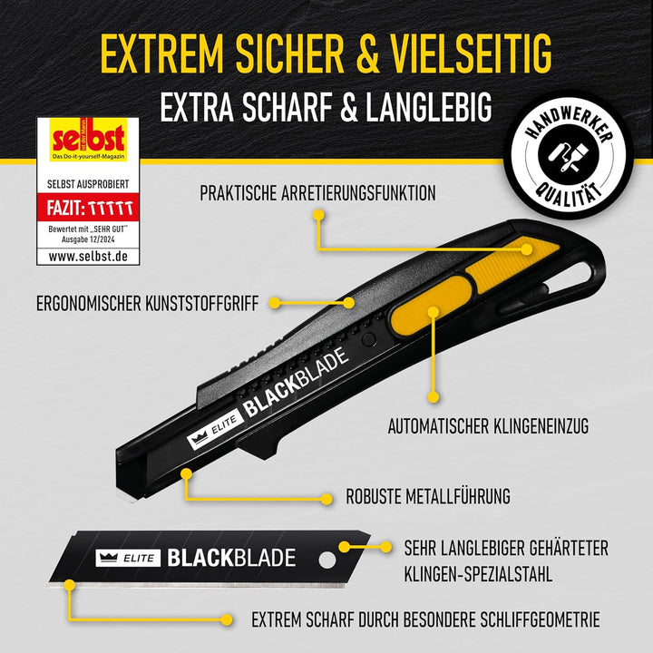 3x ELITE SNAPBACK Sicherheitsmesser Set inkl. 13x Ersatzklingen – Extrem langlebiges Universal-Cutte