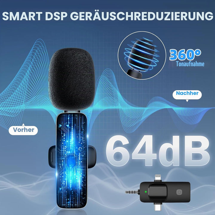 Kabelloses Lavalier Mikrofon für Handy/iPhone//iPad/Kamera, Mini Mikrofon für Live-Streaming, Rausch