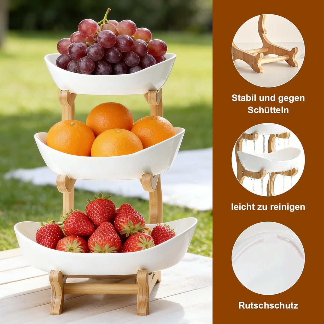 Keramik Obst Etagere mit 3 Etagen, Obstschale Modern Weiss mit Natürliche Bambus Steher, Platzsparen