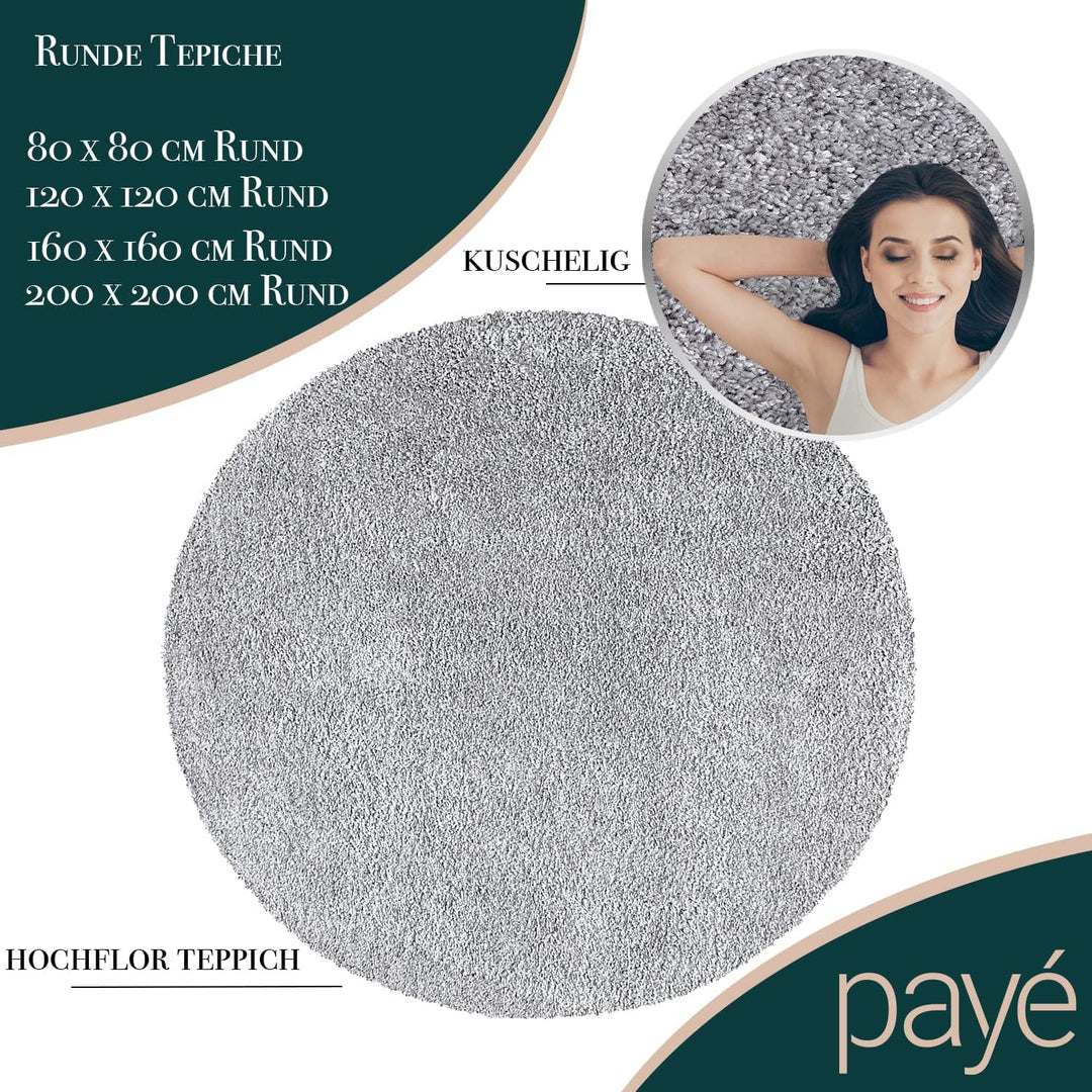 payé Teppich Rund Hochflor Shaggy - 200x200cm - Grau Einfarbig Uni Flauschig Modern Boho Wohnzimmer