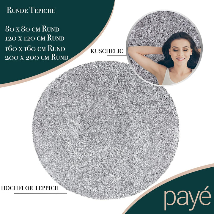 payé Teppich Rund Hochflor Shaggy - 200x200cm - Grau Einfarbig Uni Flauschig Modern Boho Wohnzimmer