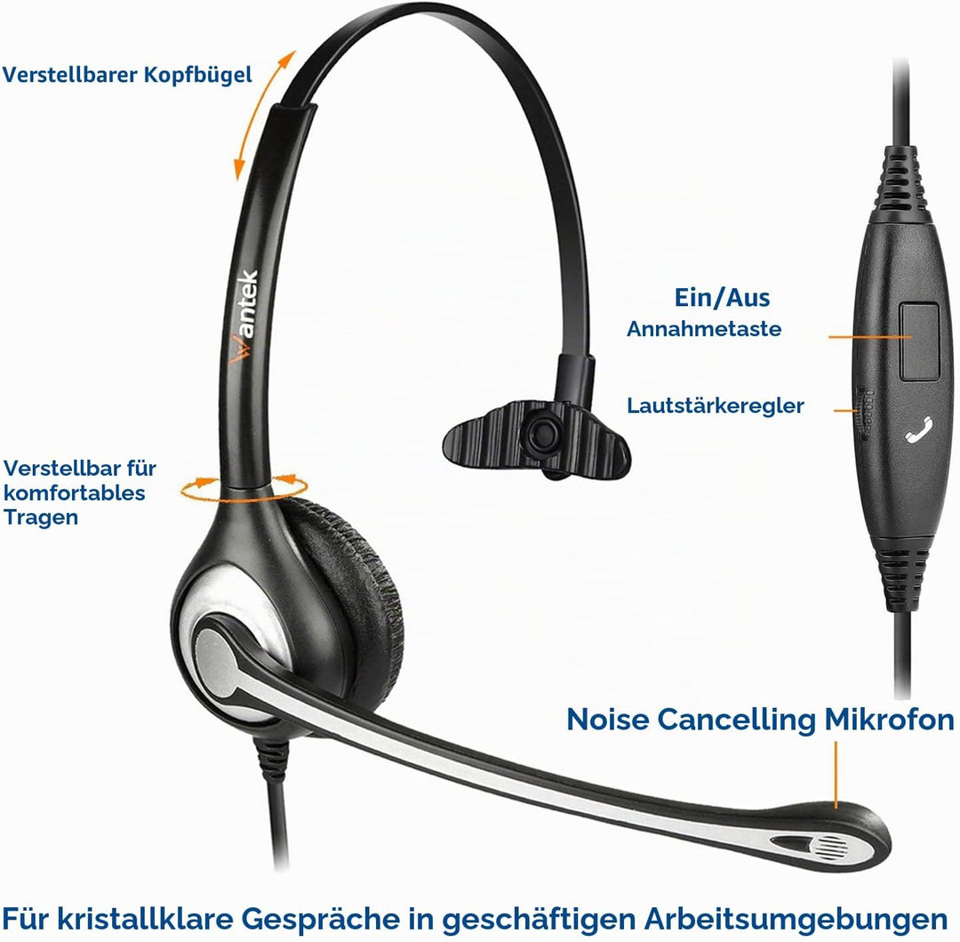 Wantek Headset Handy Mono mit Noise Cancelling Mikrofon, Smartphone Kopfhörer für iPhone Samsung Hua