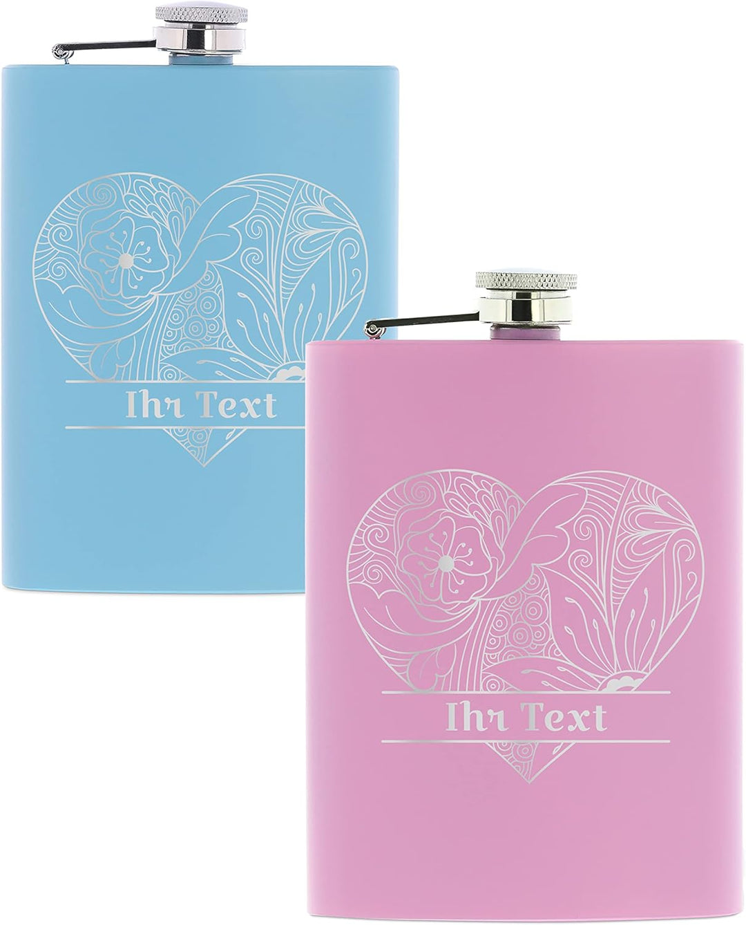 Edelstahl Flachmann Blau mit personalisierter Gravur – Motiv Herz – Geschenkverpackung – Taschenflas
