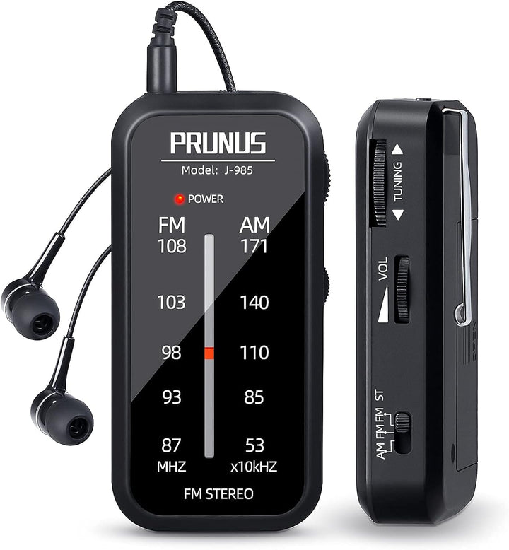 PRUNUS J-985 Mini Radio Klein UKW/FM/AM-Transistorradio, Taschenradio mit Kopfhörern (Stereo-Sound b