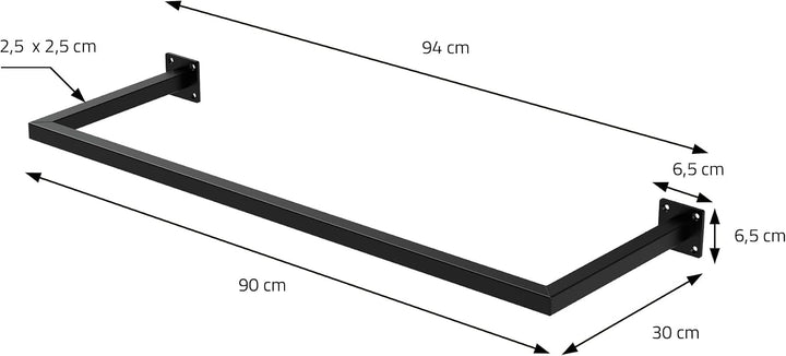 ML-Design Kleiderstange Rechteck für die Wand, T30cm x B90cm, Schwarz, aus Stahl, rostfrei, Garderob
