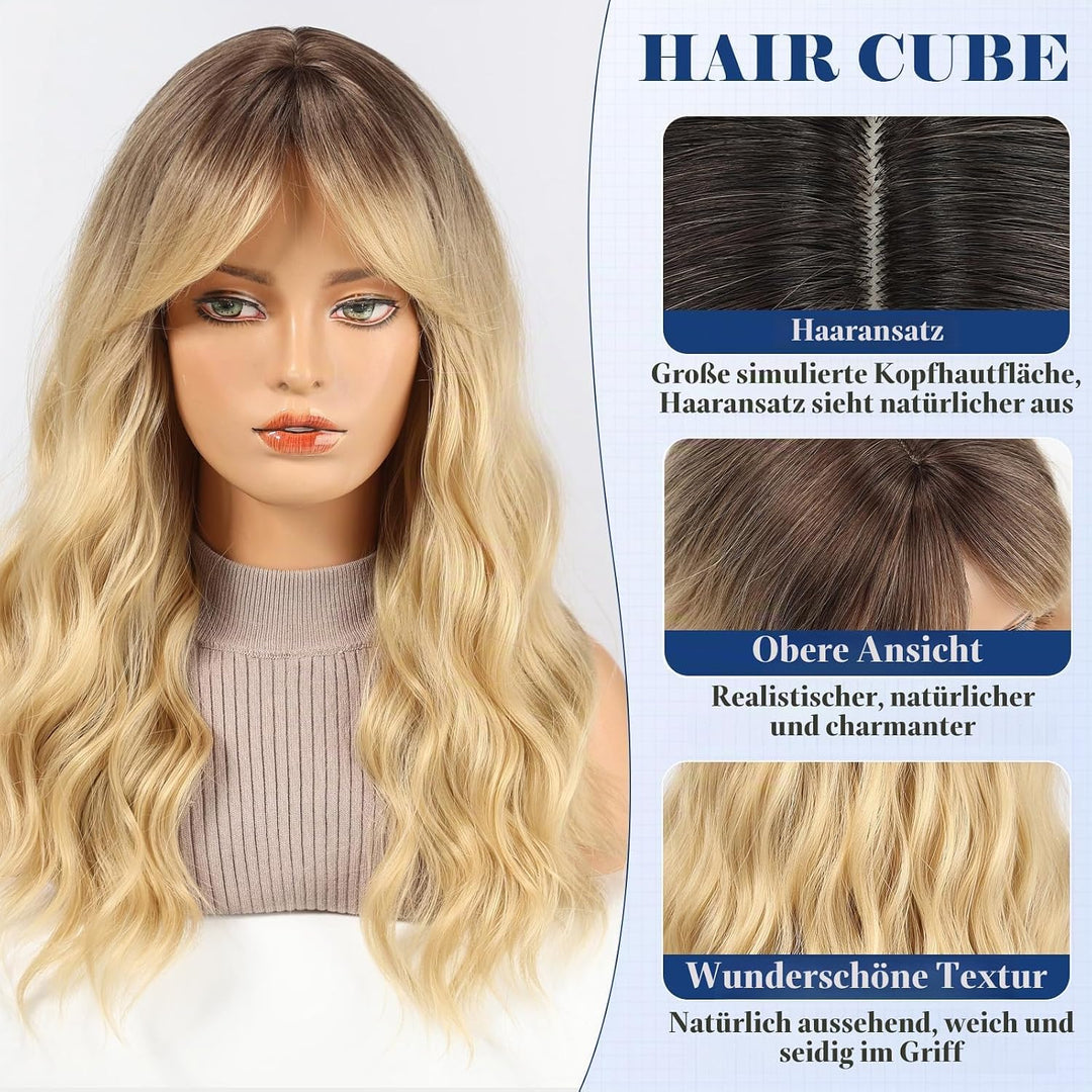 HAIRCUBE Damen Perücke,Ombre Blonde Perücke Lange Lockige Mit Pony Für Frauen,Natürliche Synthetisch