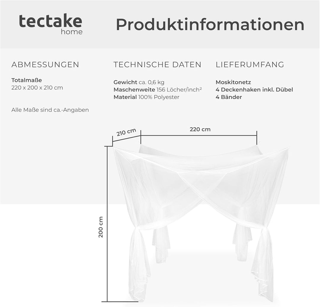 tectake® Moskitonetz Bett Mückenvorhang, Einzel- und Doppelbett, 220 x 220 x 210 cm, Mückenschutz Ca
