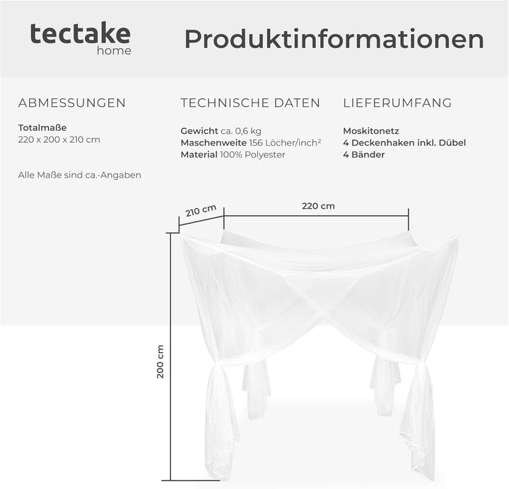 tectake® Moskitonetz Bett Mückenvorhang, Einzel- und Doppelbett, 220 x 220 x 210 cm, Mückenschutz Ca