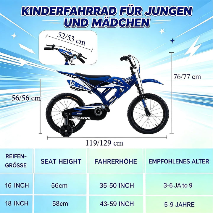 LSLIFE Motorrad-Stil Kinderfahrrad, 16/18 Zoll Fahrrad mit abnehmbaren Stützrädern, Stabil Sicher Ei