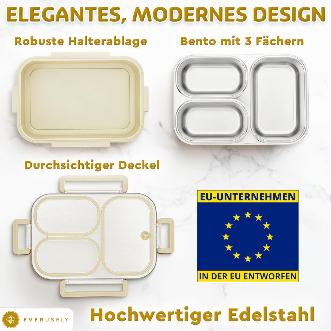 Everusely Edelstahl-Bento-Box/Brotdose – 750 ml – Auslaufsichere Lunchbox aus Metall mit 3 Fäche