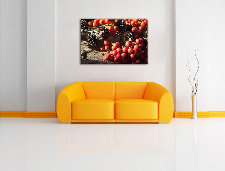 Pixxprint Vogelbeeren und Tannenzapfen als Leinwandbild/Grösse: 100x70 / Wandbild/Kunstdruck/fertig