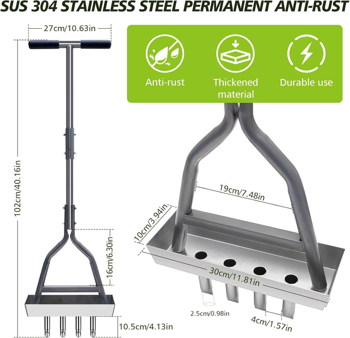 Rasenlüfter mit 4 Zinken, Rasenbelüfter Spike Metall mit Ablageschale & Gartengeräten, Rasen-Kernbel
