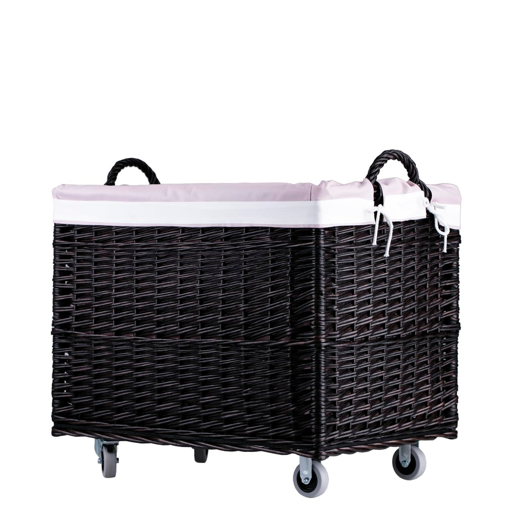e-wicker24 Aufbewahrungstruhe, Wäschekorb, rechteckig, Weidenkorb mit Rollen und Stofffutter, Aufbew