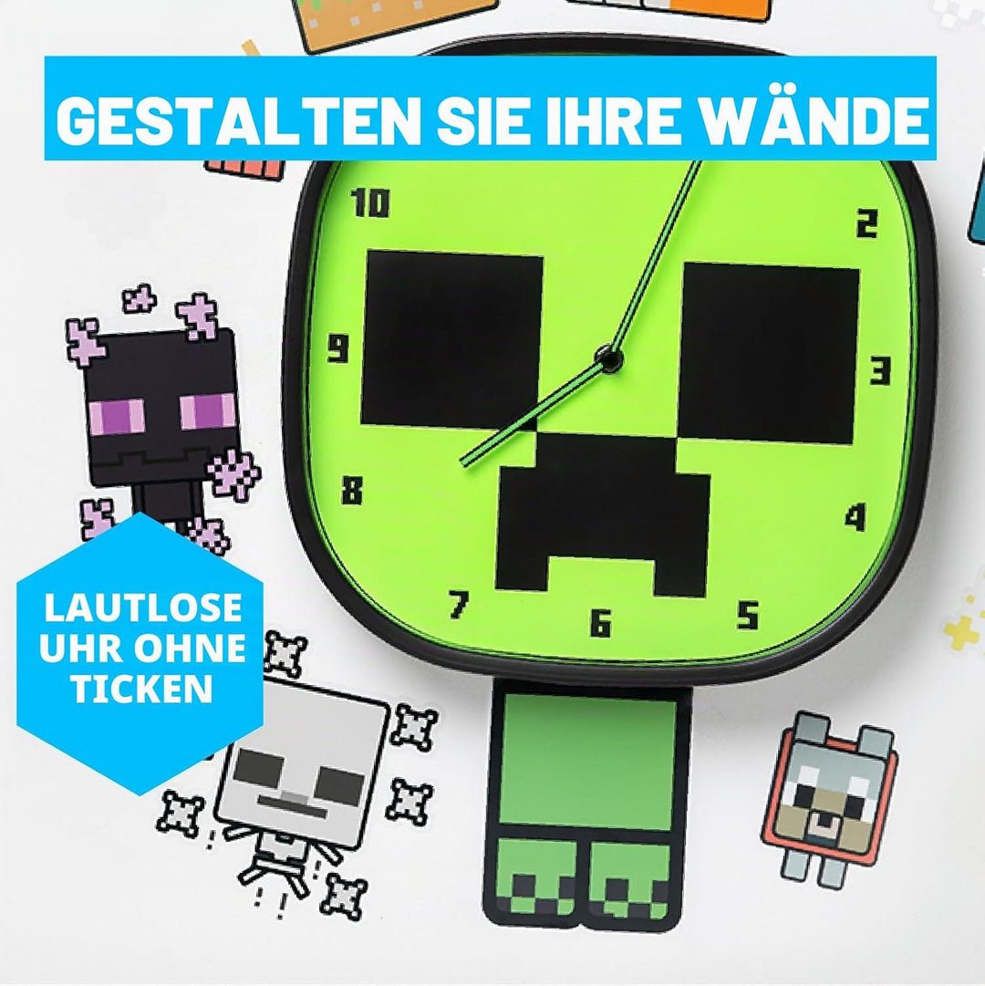 Paladone Minecraft Creeper Leuchtende Wanduhr - Leise, Nicht Tickend - Enthält 3 Blätter Abnehmbarer