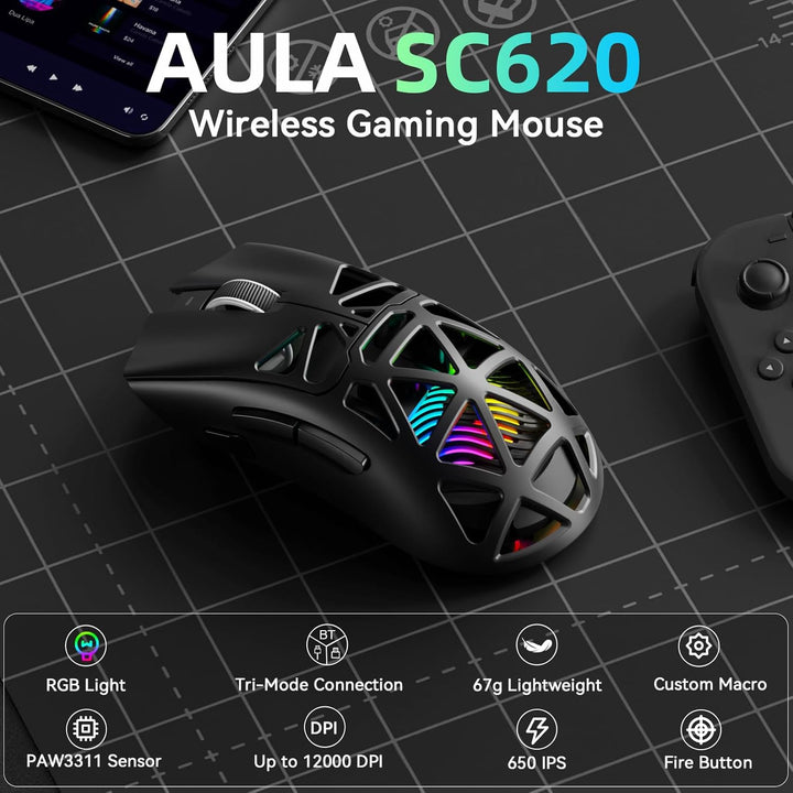 AULA SC620 Kabellose Gaming Maus,BT5.0/2.4G/USB-C,mit PixArt PAW3311-Sensor,12000DPI,8KHz,Feuertaste