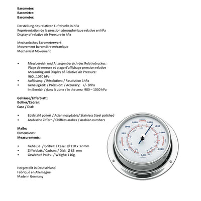 Barigo Sky Kabinenaustattung Schiffsbarometer Edelstahl poliert 110mm