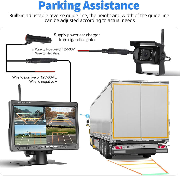 1080P Kabelloses Rückfahrkamerasystem für Wohnmobile, 7-Zoll-Rückfahrkameramonitor für 4 Kanäle mit