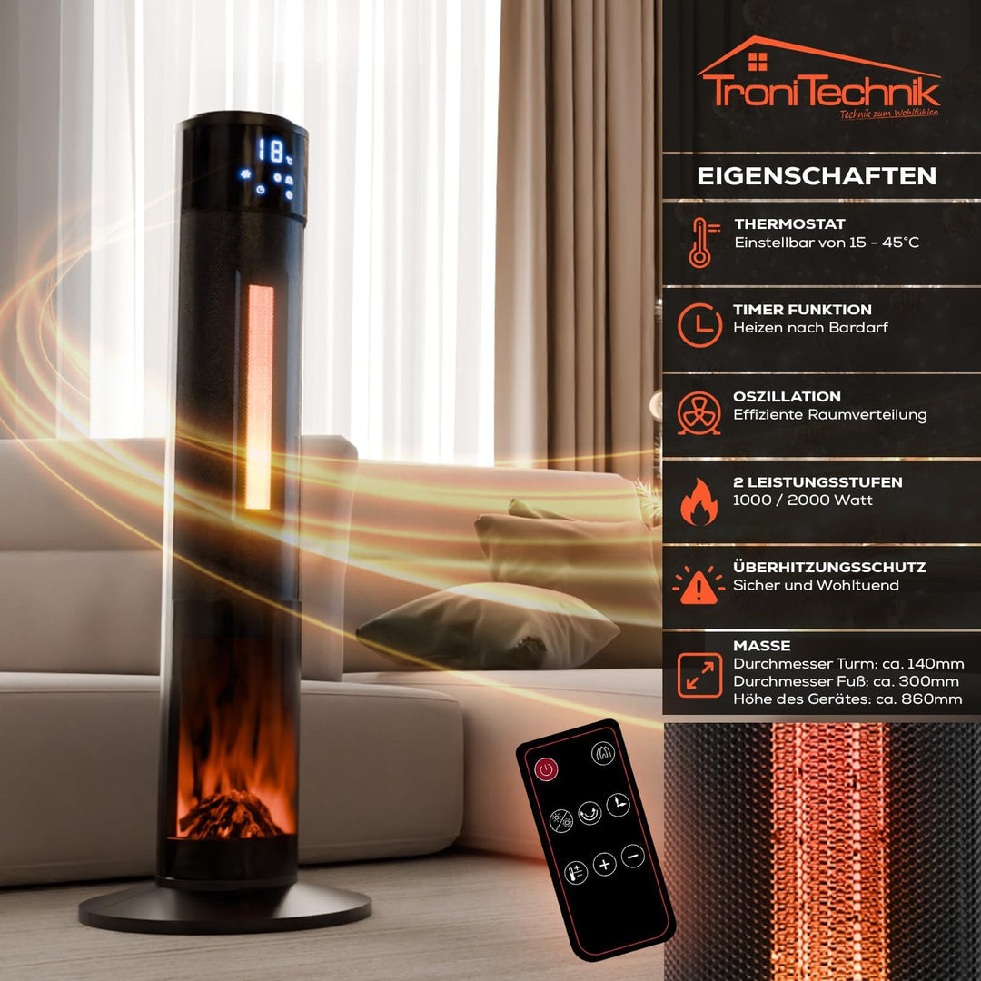 Tronitechnik® Heizlüfter Turmheizstrahler 1000 / 2000W Heizstrahler Standheizstrahler mit Fernbedien