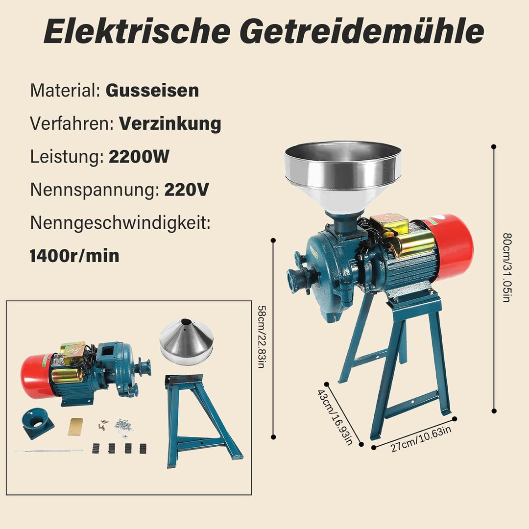 2200W 220V Getreidemühle, Elektrische Getreidemühle, Getreidemühle Mühle Nussmühle mit Trichter, Kom