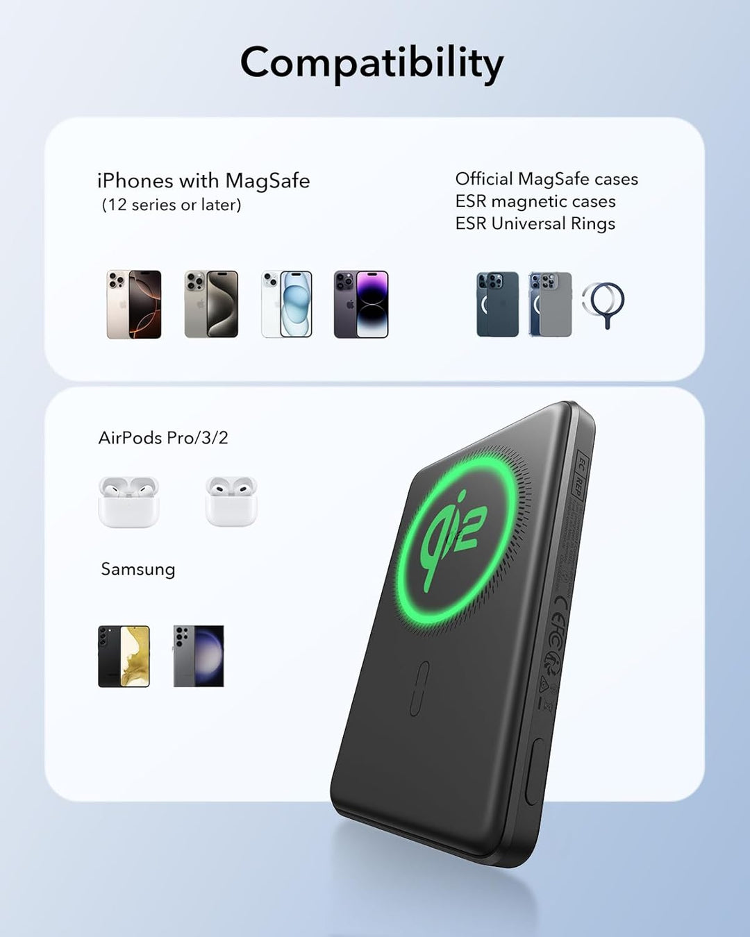 ESR Qi2 zertifiziertes MagSafe Power Bank, 5.000mAh 15W schnelles tragbares Ladegerät, 1,4 cm kompak