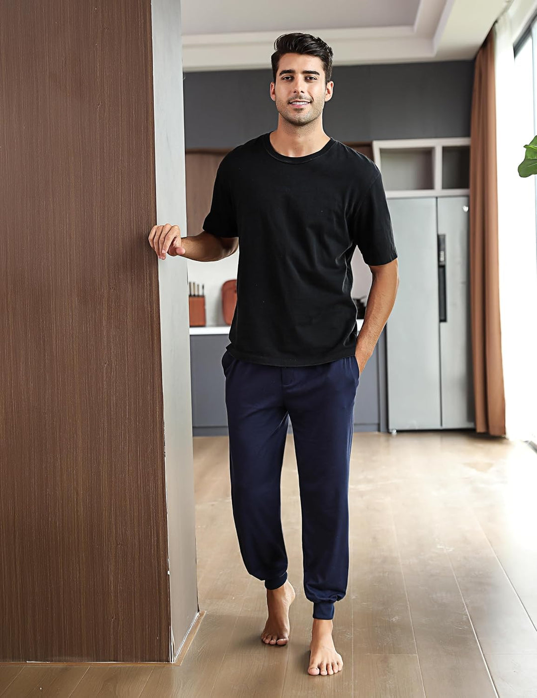 Marvmys Schlafanzughose Herren Lang mit Bündchen Einfarbige Pyjamahose für Männer Schlafhose Haushos