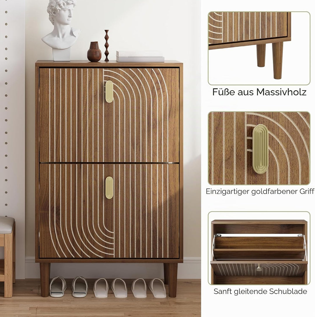 Smuxee Schuhschrank mit 2 Klappfächern, 60 cm Nussbaum Optik Schuhschrank mit Rillendesign, freisteh
