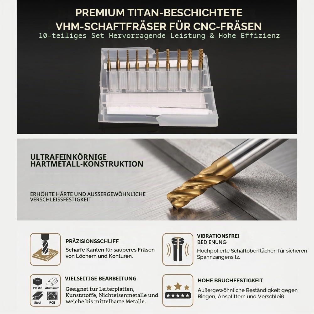 10 pcs Schaftfräser Titan Beschichtete Fräserset Hartmetall CNC Fräser Gravur Bits Carving Drill Wer