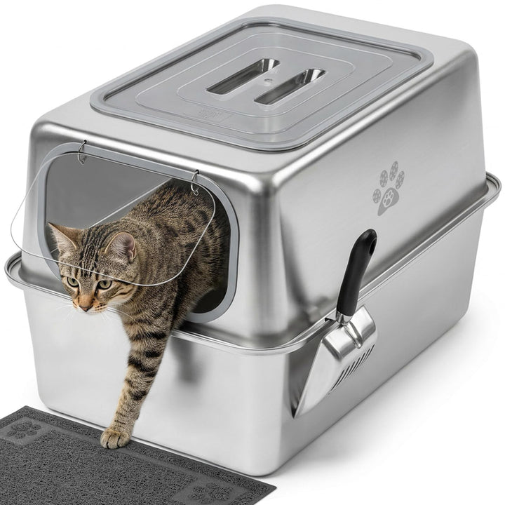 PTLOM XXL Katzenklo Edelstahl, Auslaufsicheres Katzenklo mit Deckel, grossem Metall-Streubehälter, G