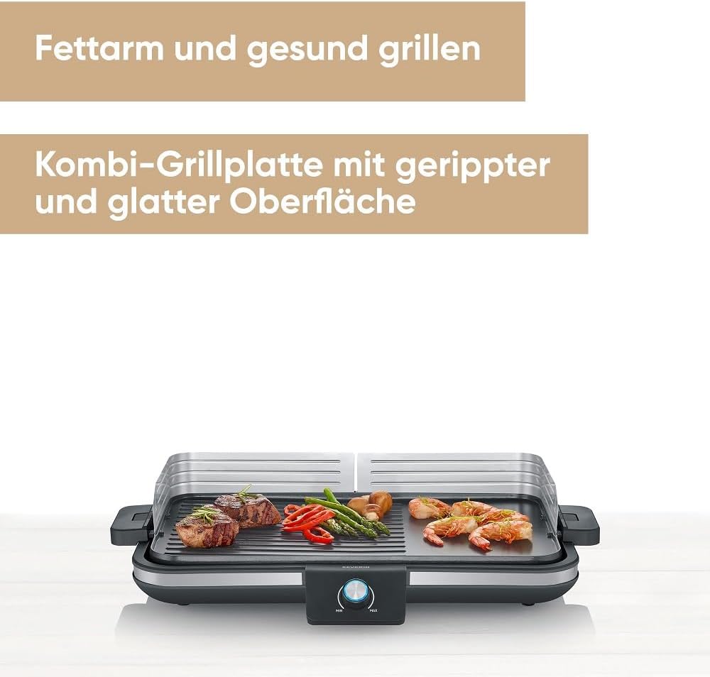 SEVERIN Tischgrill Plancha, antihaftbeschichtete Plancha Grillplatte mit glatter und gerippter Oberf