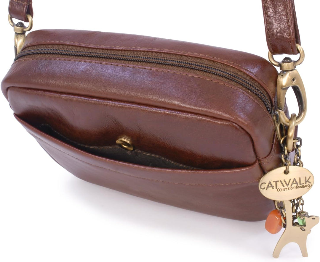 Catwalk Collection Handbags - Leder - Klein Umhängetasche Messenger/Schultertasche - POLLY Braun, Br