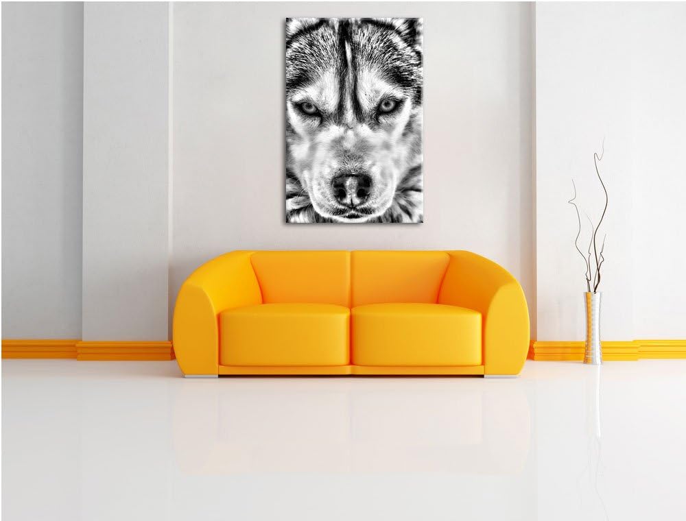 Monocrome, Husky, Format: 100x70 auf Leinwand, XXL riesige Bilder fertig gerahmt mit Keilrahmen, Kun