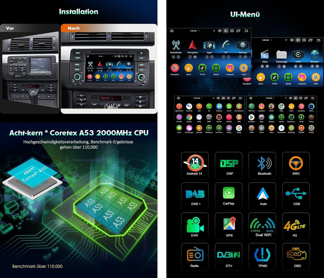 Erisin Android 14 4GB RAM+64GB ROM 8-Kern DVD Autoradio GPS Navi für BMW 3er M3 E46 Rover 75 MG ZT 7