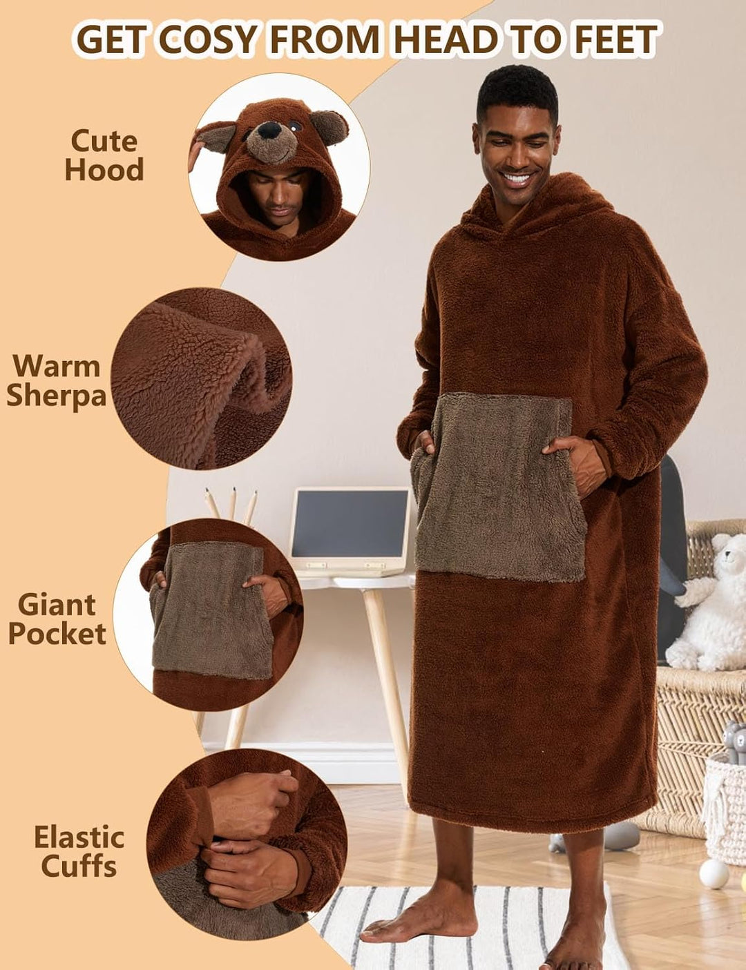 Hooded Blanket Sweatshirt Oversized Pullover Damen Riesige Fronttasche Plüsch Tragbare Decke mit Ärm