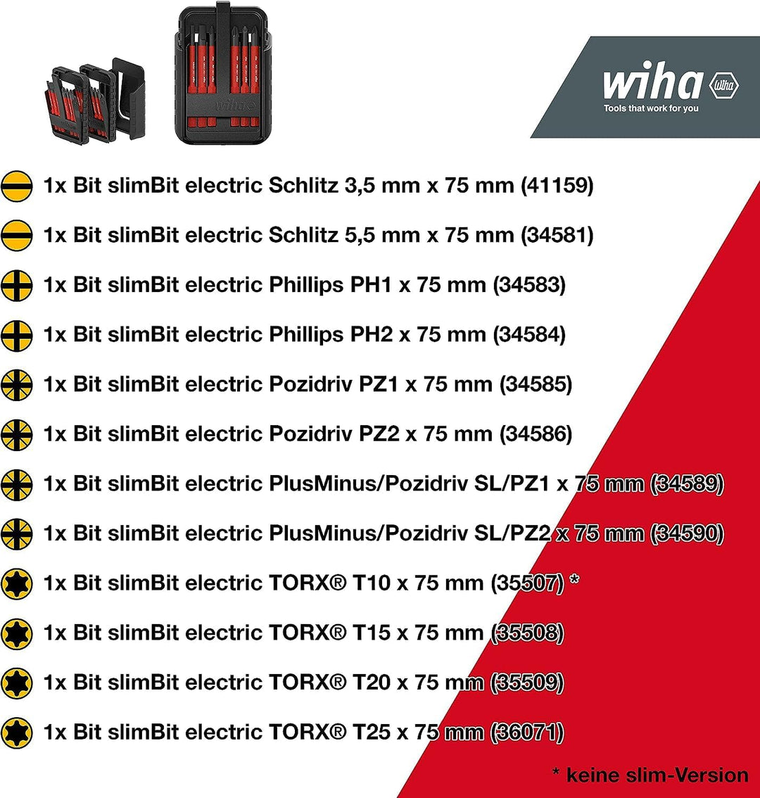 Wiha Bit Set slimBit electric Schlitz, PH, PZ, PlusMinus/PZ, TORX® 12-tlg.I inkl. slimBit-Boxen, Gür