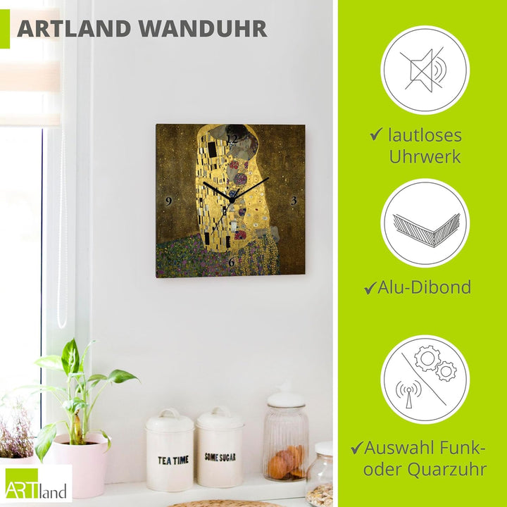 ARTLAND Wanduhr ohne Tickgeräusche Leinwand Quarzuhr 30x30 cm Quadratisch Lautlos Gustav Klimt Der K
