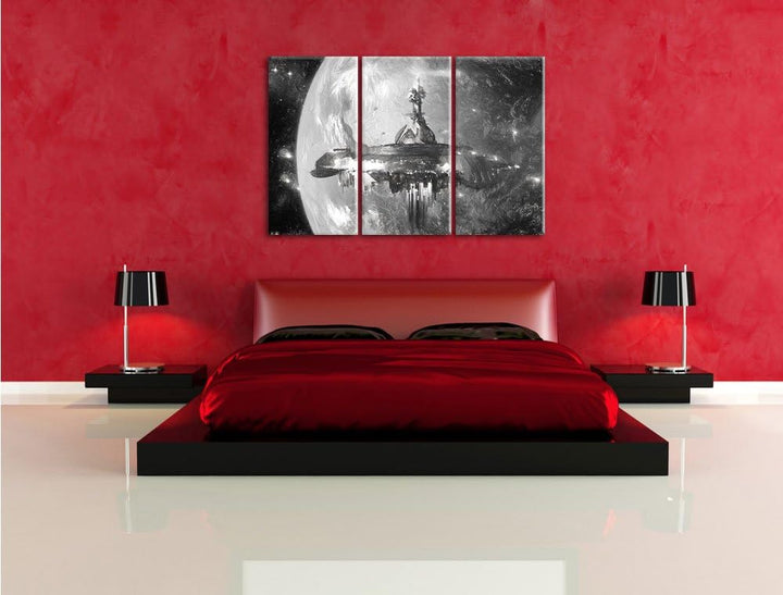 Pixxprint Raumschiff vor der Erde / 3-Teilig/Gesamtmass 120cm Leinwandbild bespannt auf Holzrahmen/W