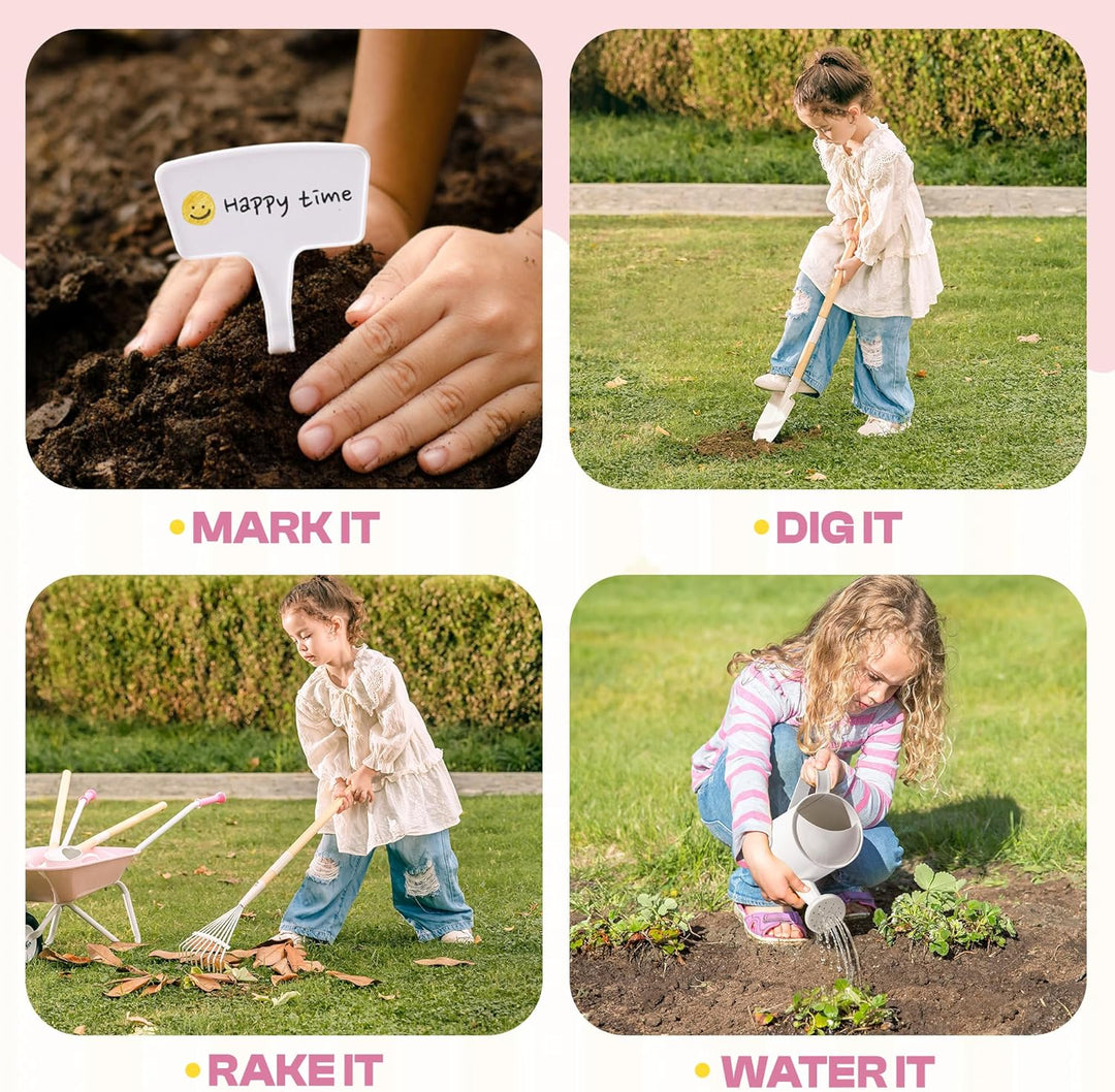 ROBUD Kinderschubkarre Metall mit Gartengeräte Set, 6-teilig Kinderschubkarre mit Langer Schaufel, R