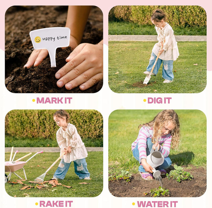 ROBUD Kinderschubkarre Metall mit Gartengeräte Set, 6-teilig Kinderschubkarre mit Langer Schaufel, R